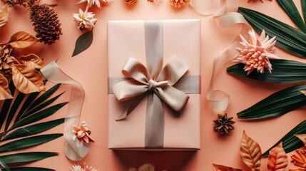 Fototapeta premium A gift box tied with a pink ribbon bow, on a flat lay solid color background, surrounded by dried leaves, offering space for copy