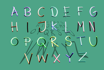Colorful 3D ABC alphabet letters with shadows behind them, on a green background