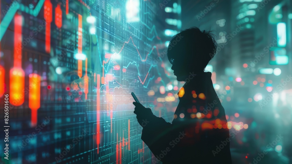 Poster silhouette of a person using a smartphone with financial charts overlay and a cityscape at night, re