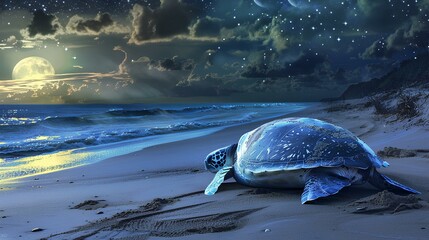 A majestic leatherback sea turtle returning to the ocean after laying her eggs on a moonlit beach,...