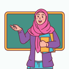Cartoon of a female teacher in a hijab carrying a book, and a blackboard behind her © MrHamster