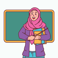 Cartoon of a female teacher in a hijab carrying a book, and a blackboard behind her