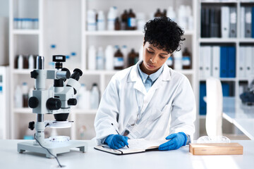 Lab, scientist and writing notes for research study with experiment, test and results. Microscope,...
