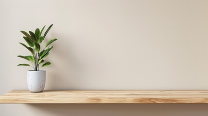 Minimalist Green Plant in Ceramic Pot on Light Wooden Shelf with Neutral Background.