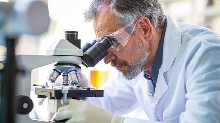 Investigating the Microscopic World: Male Scientist Analyzing Samples in Modern Laboratory under Bright Clinical Light