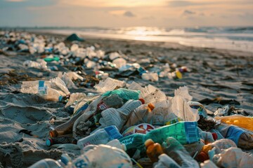 Photo of ocean and beach pollution with plastic trash. Environmental problem.