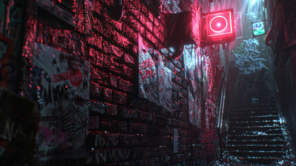 A dark alleyway with graffiti on the walls and a neon sign in the background