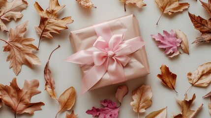 A gift box with a decorative ribbon bow, set on a flat lay solid color background with dried flowers and tropical leaves, featuring ample area for copy