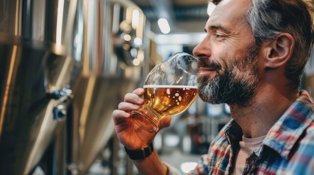Relaxed Man Enjoying a Craft Beer Tasting Experience in a Modern Brewery Setting - Powered by Adobe