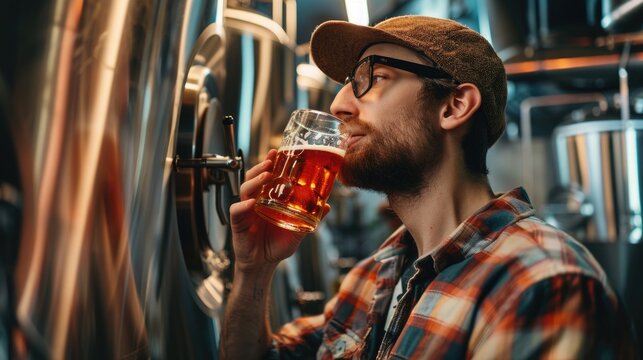 Modern Brewery Experience: Man Enjoying Craft Beer Tasting Session with Soft Indoor Lighting