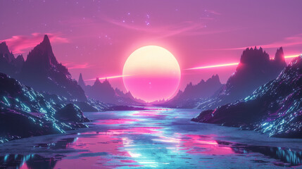 A beautiful pink and blue sky with a large glowing sun in the middle