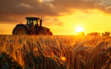 Fototapeta premium Sunset over a wheat field with a tractor in the background, capturing the essence of agriculture and farming in rural landscapes.