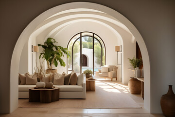 The interior design of a modern home entryway hall features a Mediterranean Boho aesthetic with an arched wall.