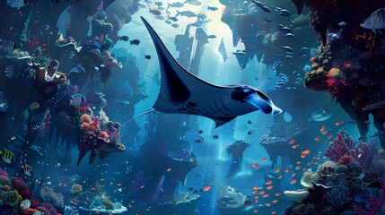 A majestic manta ray gracefully gliding above a bustling underwater metropolis of fish, framed by...