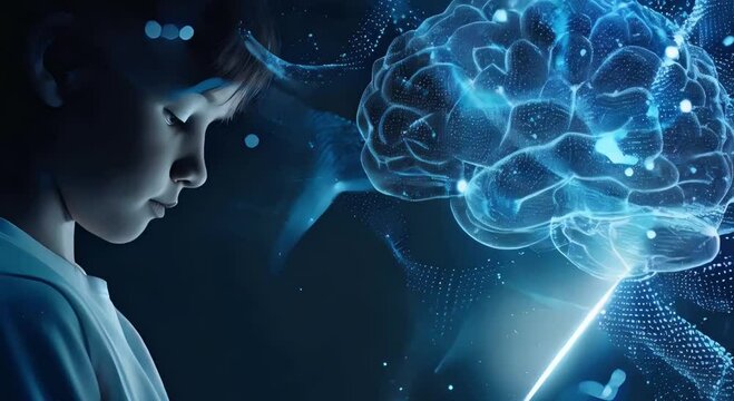 The Technology Concept, of a young kid hold tablet with glowing white screen, with analysis Digital Glowing brain data and Abstract blue dynamic wave technology, future, generative ai