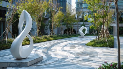 A serene outdoor plaza with abstract white sculptures featuring minimalist curves, providing a...