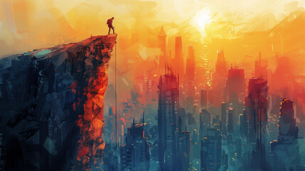 A man is standing on a cliff with a city in the background