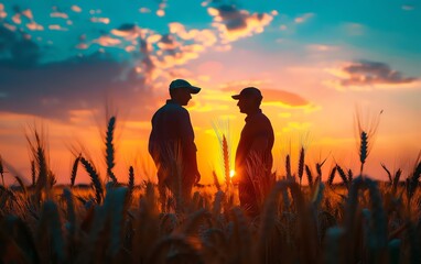 Two farmers standing in a wheat field at sunset, silhouetted against a colorful sky. The scene captures the tranquility of rural life.