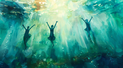 Three women are swimming in the ocean, with their arms raised in the air
