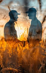 Two farmers shaking hands in a wheat field at sunset, concept of agreement, teamwork, and cooperation in agriculture.