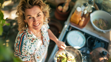Woman Cooking Fresh Ingredients Outdoors Healthy Meal Happy Smiling Mature Garden Culinary Relaxation Food Preparation Sunlight Enjoyment