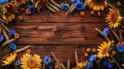 Wooden background with cornflowers, sunflowers and wheat. Place for text.