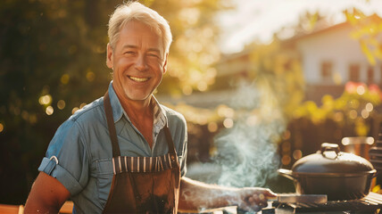 Man Grilling Outdoors Barbecue Cooking Chef Apron Smiling Sunlight Happy Middle-Aged Backyard Summer Food Preparation Relaxation