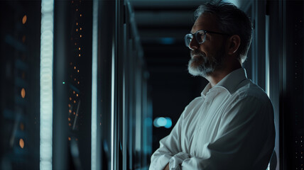 Man Smiling Data Center Server Room Professional Engineer Confident Mature Technology IT Infrastructure High-Tech Business