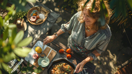 Woman Cooking Outdoors Fresh Ingredients Healthy Meal Preparation Happy Mature Smiling Garden Sunlight Culinary Herbs Vegetables Fruit Relaxation Enjoyment