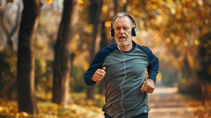 Jogging Park Headphones Fitness Exercise Mature Healthy Lifestyle Outdoor Autumn Running Active Senior