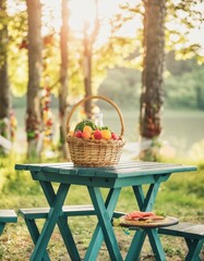 picnic basket with apples, dark wooden table and a wicker basket ready for a sunny holiday camping day sunlit environment joys of outdoor exploration and relaxation