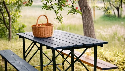 dark wooden table and a wicker basket ready for a sunny holiday camping day sunlit environment joys of outdoor exploration and relaxation, picnic in the garden