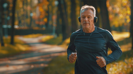 Man Jogging Park Headphones Fitness Exercise Mature Healthy Lifestyle Outdoor Autumn Running Active Senior