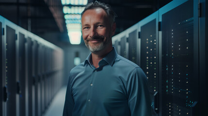 Man Smiling Data Center Technology Professional Engineer Mature Confident High-Tech Environment IT Infrastructure Network Management