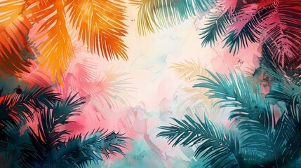 A dreamy tropical scene is depicted in a stylized image featuring silhouetted palm trees against fluffy pink and blue clouds.