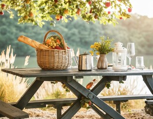 dark wooden table and a wicker basket ready for a sunny holiday camping day sunlit environment joys of outdoor exploration and relaxation, autumn still life with apples