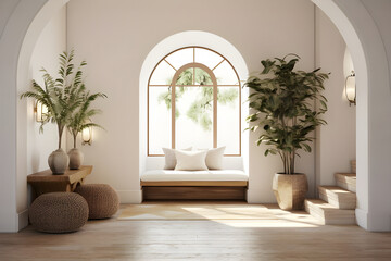 The interior design of a modern home entryway hall features a Mediterranean Boho aesthetic with an arched wall.