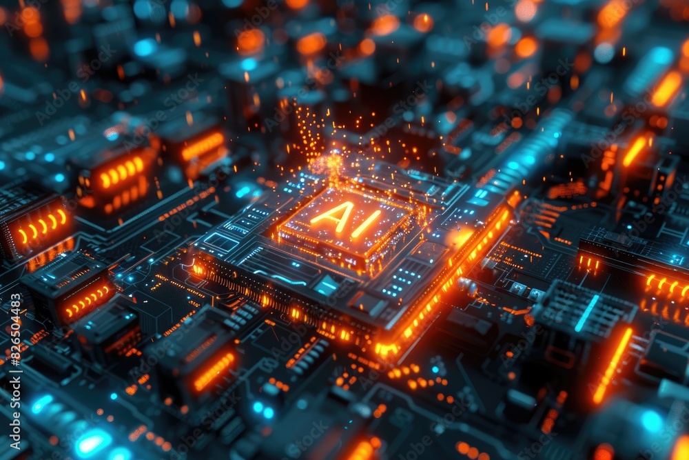 Poster artificial intelligence (ai) concept, abstract ai processor and quantum computer background.