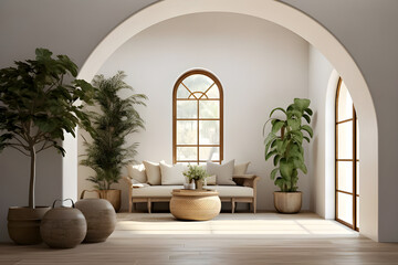 The interior design of a modern home entryway hall features a Mediterranean Boho aesthetic with an arched wall.