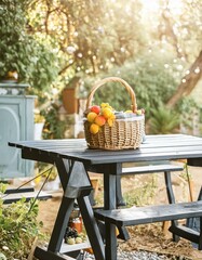 picnic in the park, dark wooden table and a wicker basket ready for a sunny holiday camping day sunlit environment joys of outdoor exploration and relaxation