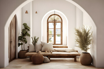 The interior design of a modern home entryway hall features a Mediterranean Boho aesthetic with an arched wall.