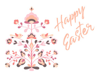 Happy Easter design with flowers and birds on tree of life.