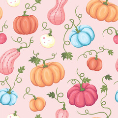 Colorful pink, orange and blue pumpkins and vines on a light pink background. Seamless repeated surface vector pattern design.