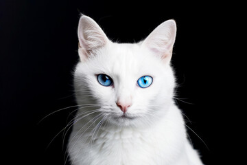 Elegant white cat with bright blue eyes, posing against a black background.