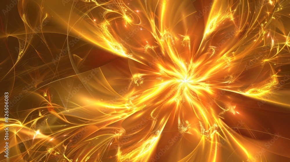 Poster abstract golden background featuring a fractal starburst with a glossy finish and decorative lines