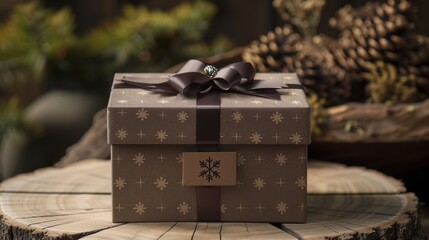 Elegant brown gift box with a ribbon and snowflake pattern on a wooden surface with pinecones and greenery in the background