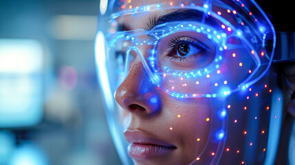 Attractive woman with a holographic interface projection mapping across her face. AI integration