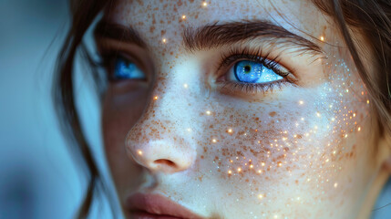 Attractive woman with a holographic interface projection mapping across her face. AI integration