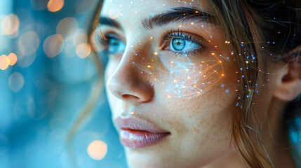 Attractive woman with a holographic interface projection mapping across her face. AI integration