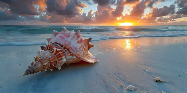 Pink conch shell on sandy beach at sunrise in the Bahamas. Concept Beach, Sunrise, Bahamas, Pink Conch Shell, Tropical Location